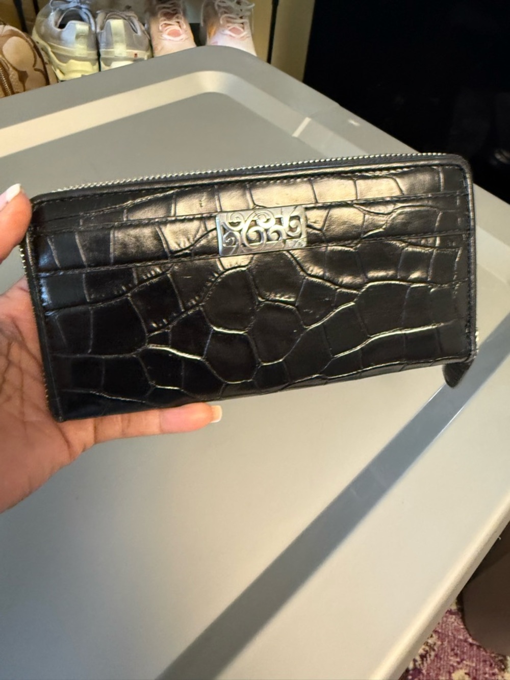 Brighton Black Croc Embossed Leather Zip Around Wallet